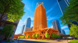 Illustration de la construction du plus haut gratte-ciel en bois au monde à Milwaukee. Image réalisée par IA.