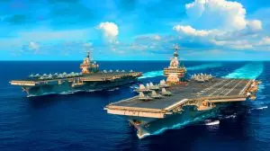 Illustration de deux porte-avions américains opérant dans le Pacifique face à la Chine. Image réalisée par IA.
