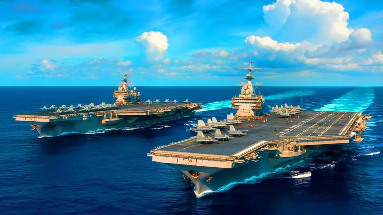Illustration de deux porte-avions américains opérant dans le Pacifique face à la Chine. Image réalisée par IA.