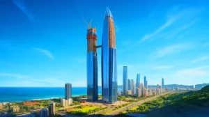 Illustration de la Senna Tower, futur gratte-ciel résidentiel le plus haut du monde, en hommage à Ayrton Senna. Image réalisée par IA.
