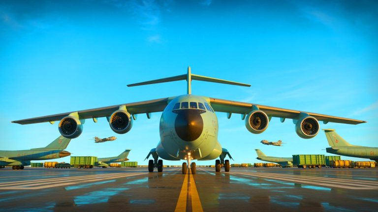 Illustration de l'entrée de chasseurs dans l'avion Radia Windrunner pour transport. Image réalisée par IA.