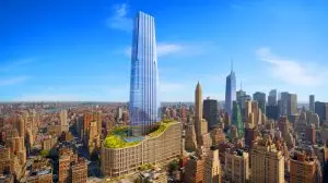 Illustration de l'Avenir, le gratte-ciel innovant de Manhattan avec son podium ondulé et ses espaces multifonctionnels. Image réalisée par IA.