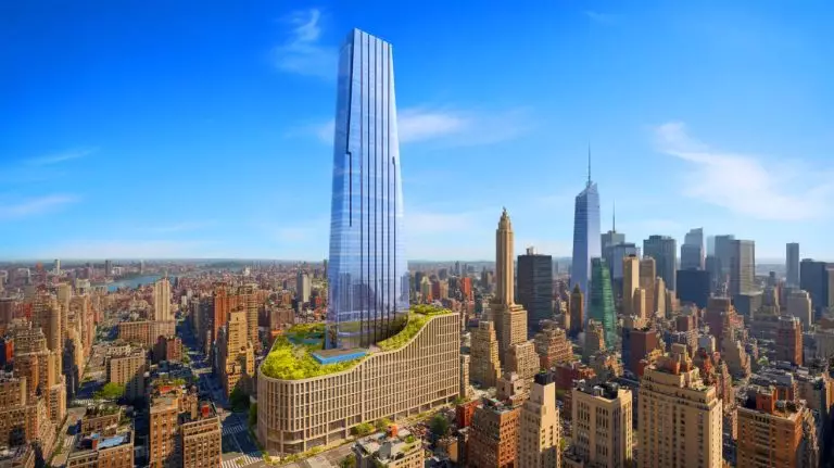 « Ce gratte-ciel va dépasser l’imaginable » : New York repense ses tours pour viser toujours plus haut Illustration de l'Avenir, le gratte-ciel innovant de Manhattan avec son podium ondulé et ses espaces multifonctionnels. Image réalisée par IA.