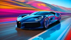 « Elle dépasse les 530 km/h sans trembler » : cette voiture pulvérise tous les records de vitesse jamais enregistrés Illustration de la Bugatti Mistral W16 atteignant une vitesse impressionnante. Image réalisée par IA.