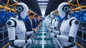Illustration de robots humanoïdes travaillant dans une usine de production de puces technologiques. Image réalisée par IA.