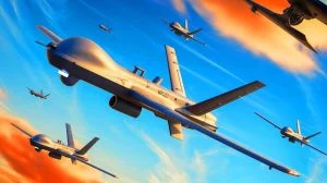 Illustration de l'avion autonome MQ-20 Avenger en action lors de son test de simulation. Image réalisée par IA.