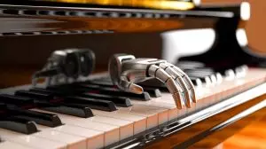 Illustration de l'exosquelette japonais améliorant les performances des pianistes. Image réalisée par IA.