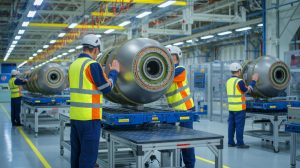 Illustration de la production de kits de guidage pour bombes AASM par Safran à Montluçon. Image réalisée par IA.