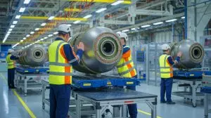 Illustration de la production de kits de guidage pour bombes AASM par Safran à Montluçon. Image réalisée par IA.