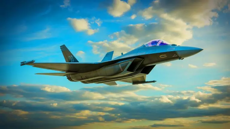 Illustration de l'avion de chasse F/A-XX de la US Navy avec ses innovations technologiques. Image réalisée par IA.