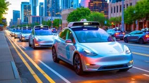 Illustration de la flotte de robotaxis Tesla circulant dans les rues d'Austin. Image réalisée par IA.