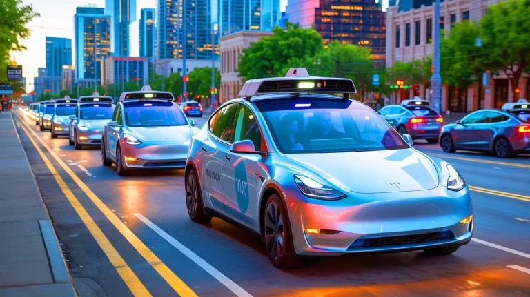 Illustration de la flotte de robotaxis Tesla circulant dans les rues d'Austin. Image réalisée par IA.