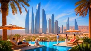 Illustration de la vie des expatriés britanniques dans le projet futuriste Neom en Arabie saoudite. Image réalisée par IA.