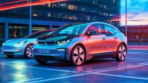 Illustration de la nouvelle berline électrique BMW i3 Neue Klasse conçue pour rivaliser avec la Tesla Model 3. Image réalisée par IA.