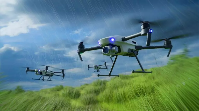 Illustration de drones autonomes naviguant dans des conditions météorologiques extrêmes. Image réalisée par IA.