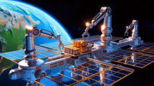Illustration de la construction de grandes infrastructures spatiales par des robots. Image réalisée par IA.