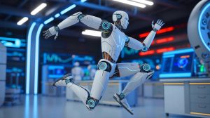 Illustration de robots conçus par intelligence artificielle réalisant des sauts améliorés. Image réalisée par IA.