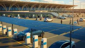 Illustration de l'intégration de batteries de véhicules électriques recyclées à l'aéroport de Rome Fiumicino. Image réalisée par IA.