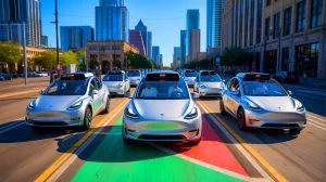 « Cette voiture se conduit toute seule » : Tesla dévoile son robotaxi en test avec des garanties inédites de sécurité Illustration de robotaxis Tesla circulant dans une zone géofencée à Austin. Image réalisée par IA.