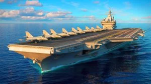 Illustration de la construction du plus grand porte-avion européen par la France. Image réalisée par IA.