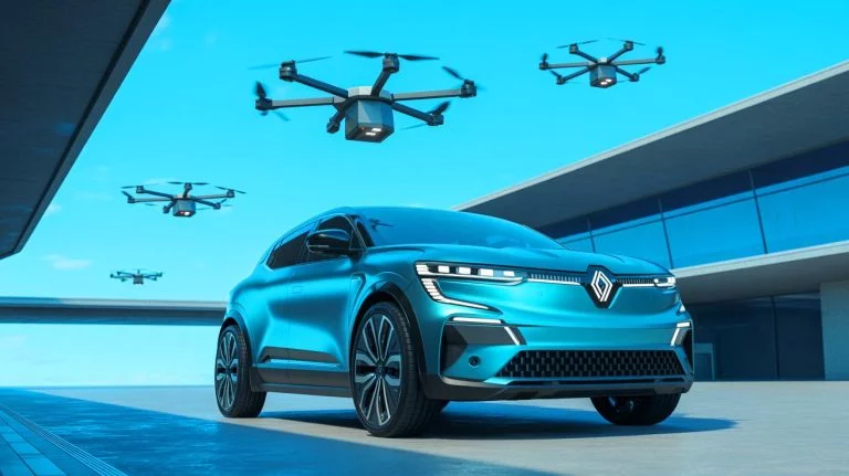 « On a tout stoppé du jour au lendemain » : Renault tranche face à l’effondrement des ventes de voitures électriques Illustration de la diversification stratégique de Renault dans les véhicules électriques et la défense. Image réalisée par IA.