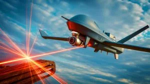Illustration de drones militaires équipés de lasers capables de découper du métal. Image réalisée par IA.