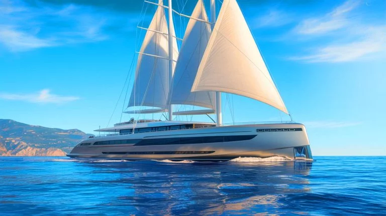 Illustration de l'Orient Express Corinthian, le plus grand yacht de croisière à voile alliant tradition et innovation. Image réalisée par IA.