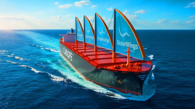 Illustration de Canopée, le cargo hybride utilisant des voiles OceanWings pour réduire les émissions de CO2. Image réalisée par IA.