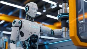 Illustration de AEON, le robot humanoïde de Hexagon utilisant l'IA de NVIDIA pour des tâches industrielles avancées. Image réalisée par IA.