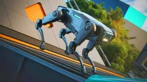 Illustration de robots quadrupèdes effectuant des mouvements de type parkour dans des environnements complexes. Image réalisée par IA.