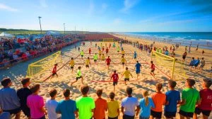 Illustration de Foot'Océane sur la plage de Saint-Jean-de-Monts avec des jeunes footballeurs. Image réalisée par IA.