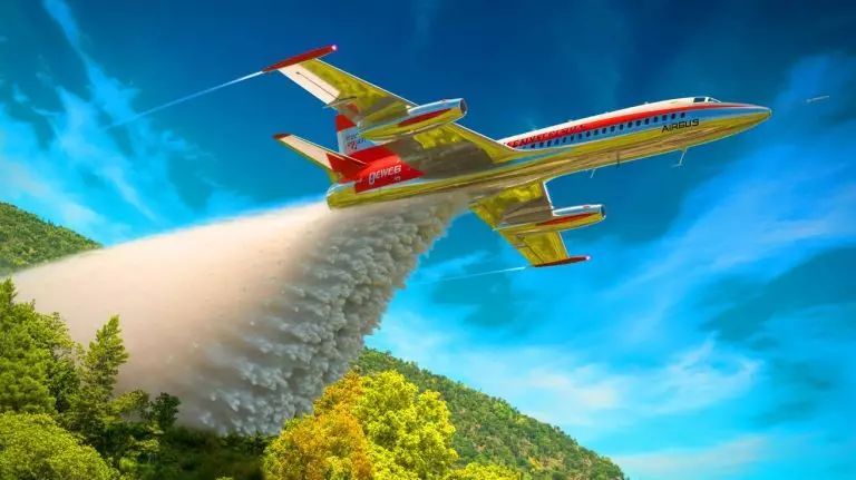 Illustration de l'avion bombardier d'eau Frégate F-100 développé par Hynaero avec le soutien d'Airbus. Image réalisée par IA.