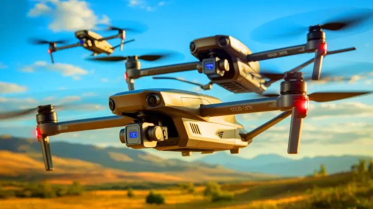Illustration de drones équipés de batteries solides en vol. Image réalisée par IA.