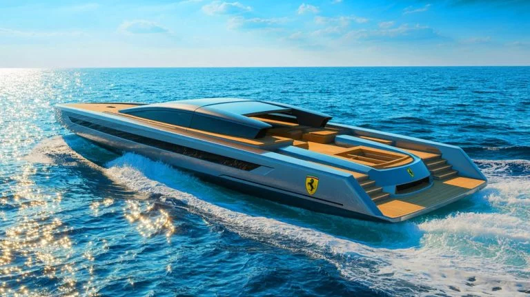 Illustration de l'Hypersail, le yacht de course innovant de Ferrari, entièrement autonome en énergie. Image réalisée par IA.
