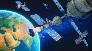 Illustration de la militarisation de l'espace et des technologies de défense spatiale. Image réalisée par IA.