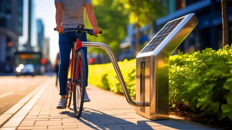 Illustration de la borne V-Lock sécurisant un vélo dans un espace urbain. Image réalisée par IA.