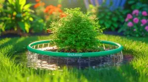 Illustration de l'anneau d’irrigation Baumbad en action autour d'un arbre. Image réalisée par IA.