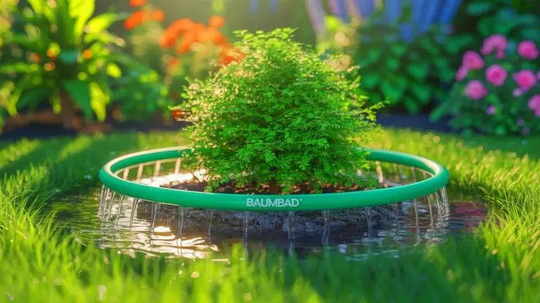 Illustration de l'anneau d’irrigation Baumbad en action autour d'un arbre. Image réalisée par IA.
