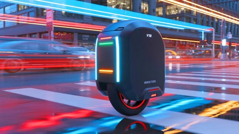 Illustration de l'e-monocycle V12S d'InMotion dans un environnement urbain. Image réalisée par IA.