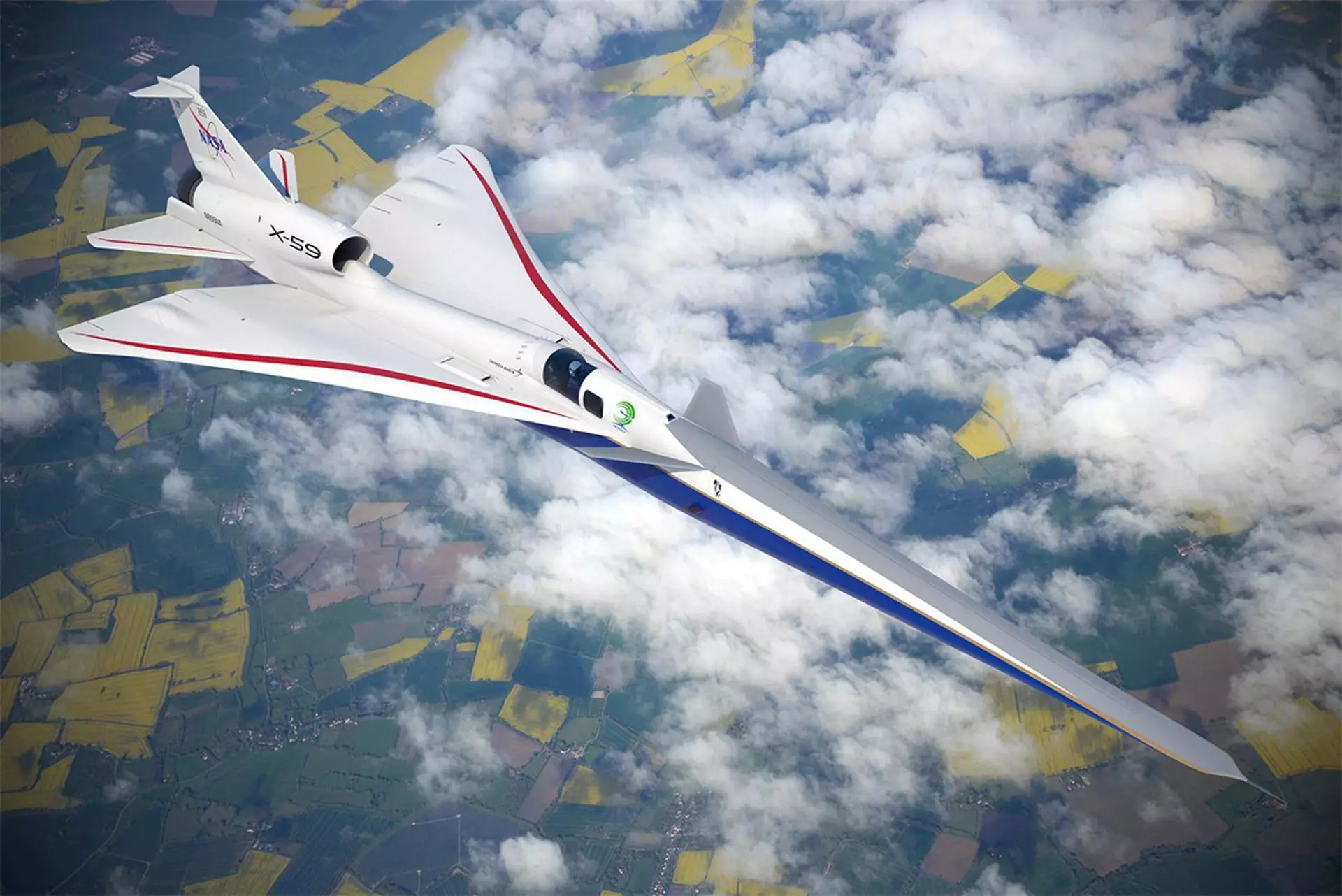 Vue artistique du X-59, l'avion supersonique de la NASA et Lockheed Martin, survolant la terre