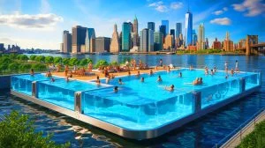 Illustration de la piscine flottante + Pool en construction dans l'East River de New York. Image réalisée par IA.