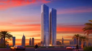 Illustration de la future silhouette du gratte-ciel Burj Azizi à Dubaï. Image réalisée par IA.