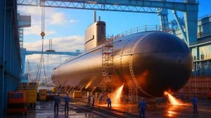 Illustration de la construction du premier sous-marin à propulsion nucléaire nord-coréen. Image réalisée par IA.