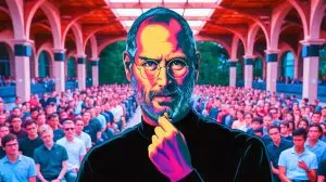 Illustration de Steve Jobs partageant ses réflexions inspirantes lors de son discours à Stanford. Image réalisée par IA.