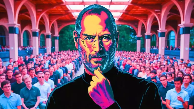 Illustration de Steve Jobs partageant ses réflexions inspirantes lors de son discours à Stanford. Image réalisée par IA.