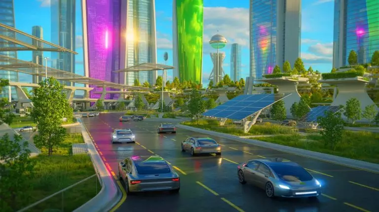Illustration d'un paysage urbain futuriste intégrant des technologies de pointe et des solutions de mobilité durable. Image réalisée par IA.
