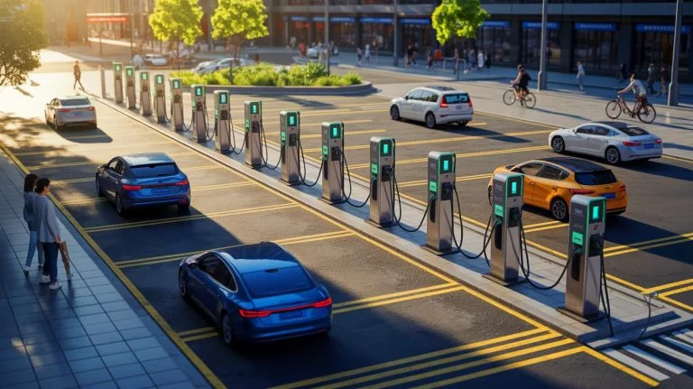 Illustration de l'installation de bornes de recharge ultra-rapides en Chine, image générée par intelligence artificielle.