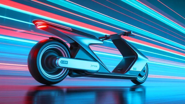 Illustration de l'innovant scooter électrique Turbo de Bo, conçu pour des performances inspirées de la Formule 1, générée par intelligence artificielle.