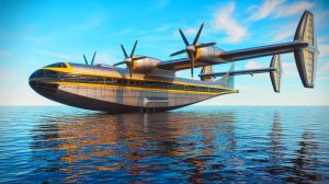 Illustration de l'hydravion Liberty Lifter, projet ambitieux annulé par la DARPA, générée par intelligence artificielle.