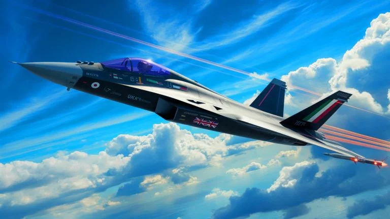Illustration de la réinvention du chasseur Reppu par le Japon en collaboration avec le Royaume-Uni et l'Italie, générée par intelligence artificielle.
